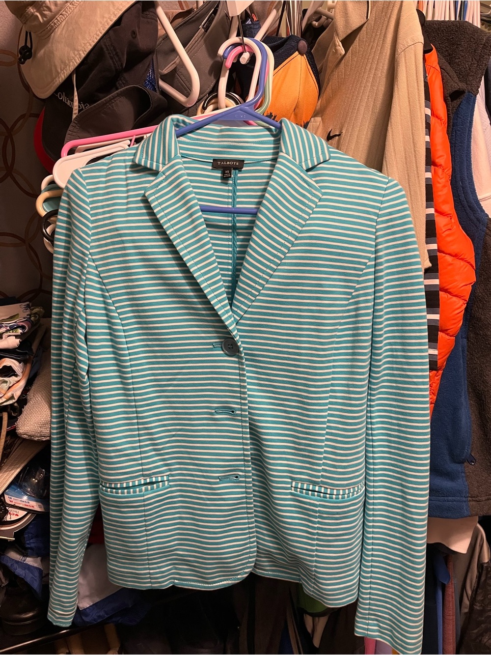 Talbots Teal and White Striped Knit Blazer